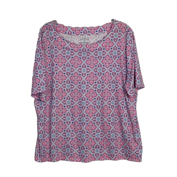 Talbots Women's Scalloped Neck Knit Top Sz 2X Geometric Print Pink Blue White - Picture 1 of 7